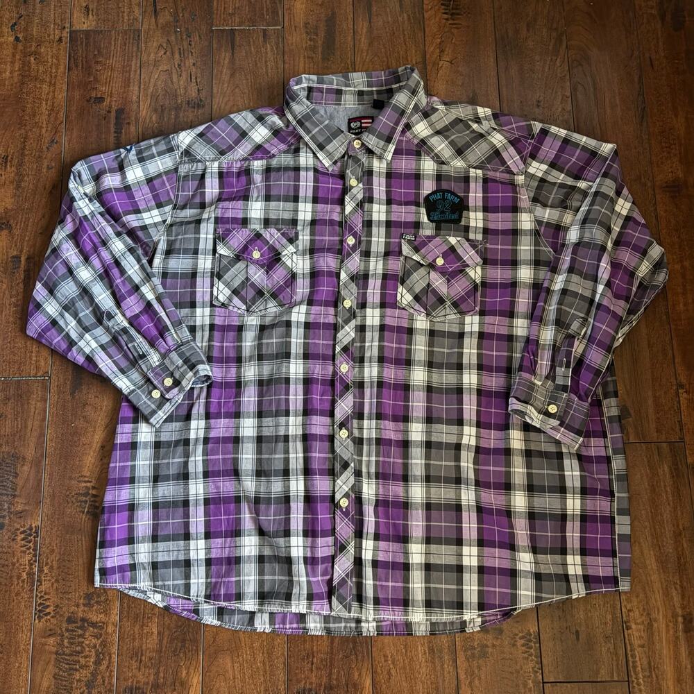 Phat Farm Button Up Dress Shirt Mens 5XL Purple Plaid Patchwork 2000s Y2K HipHop
